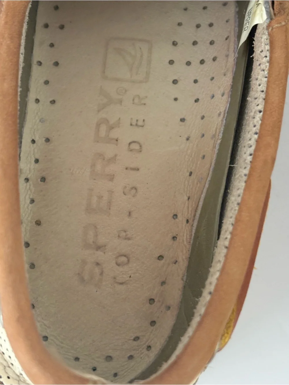 Sperry Two-Tone Boat shoes. Perforated cream and tan leather. 2 Eye. Size 8.5M